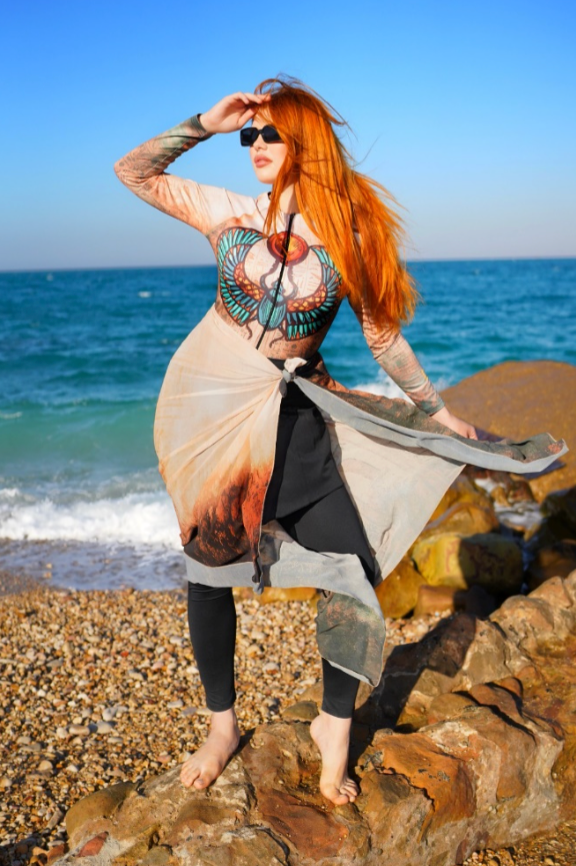 Legant burkini i faraonisk stil orange – 4 delar